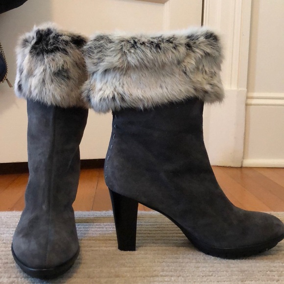 Aquatalia Shoes - Aquatalia Gray Suede Heeled Boots with Fur Trim